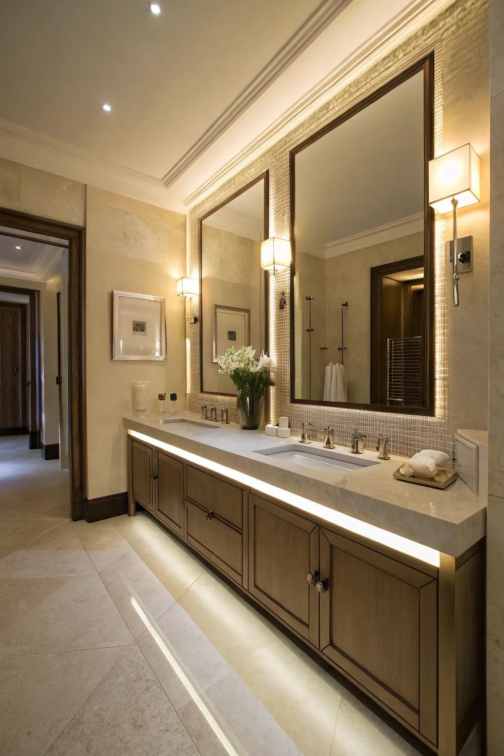 Integrated lighting adds warmth and functionality to bathroom vanities.