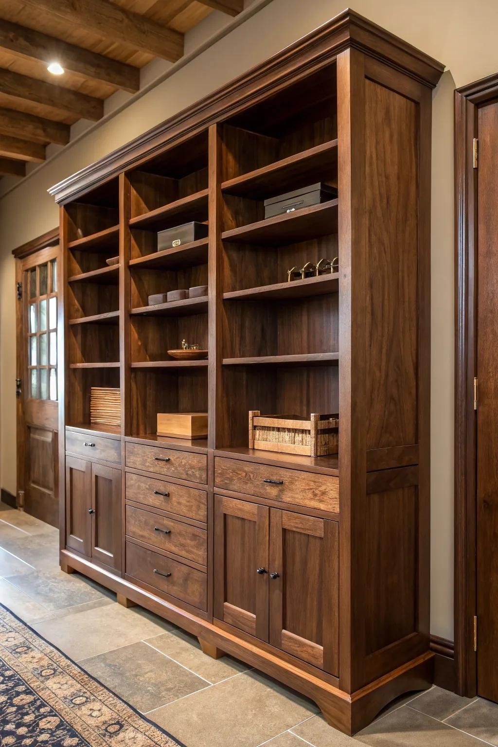 Master the art of organization with a beautifully crafted adjustable shelving unit, designed to adapt to your lumber needs.