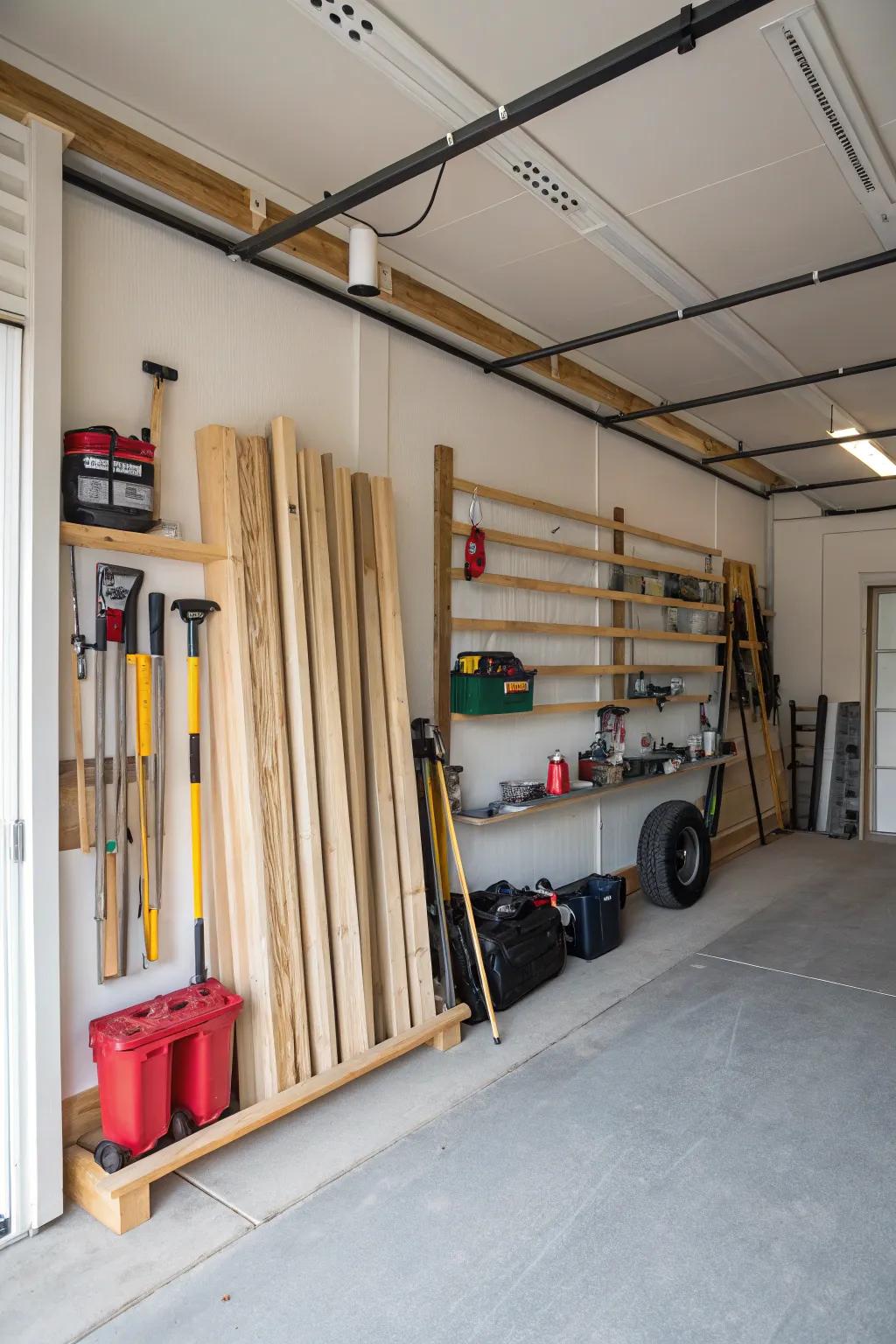 Wall-mounted racks in the garage maximize vertical space for wood storage.