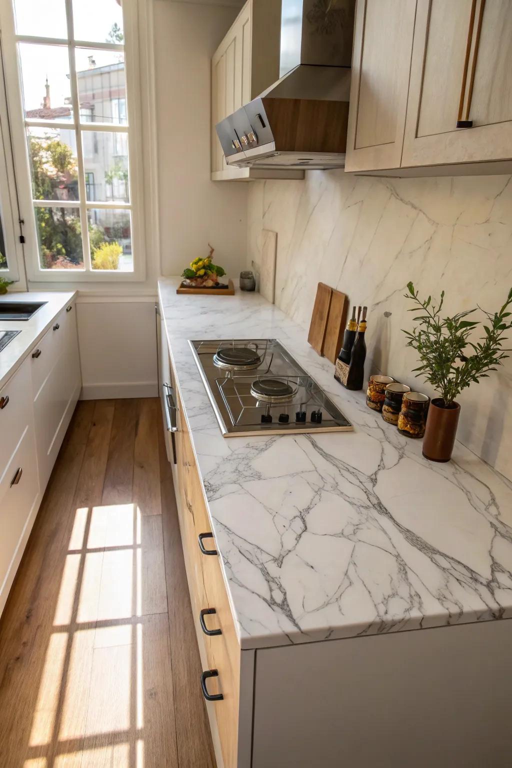 A compact kitchen with a functional marble island.