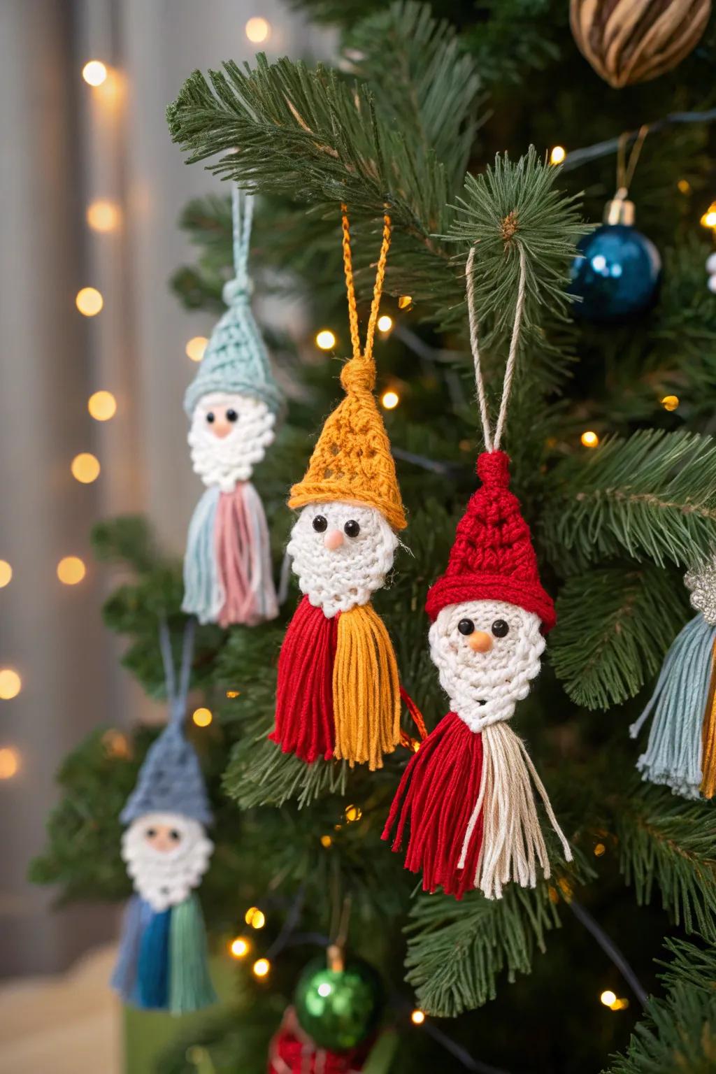 Infuse personality with charming macrame Santa gnome ornaments.