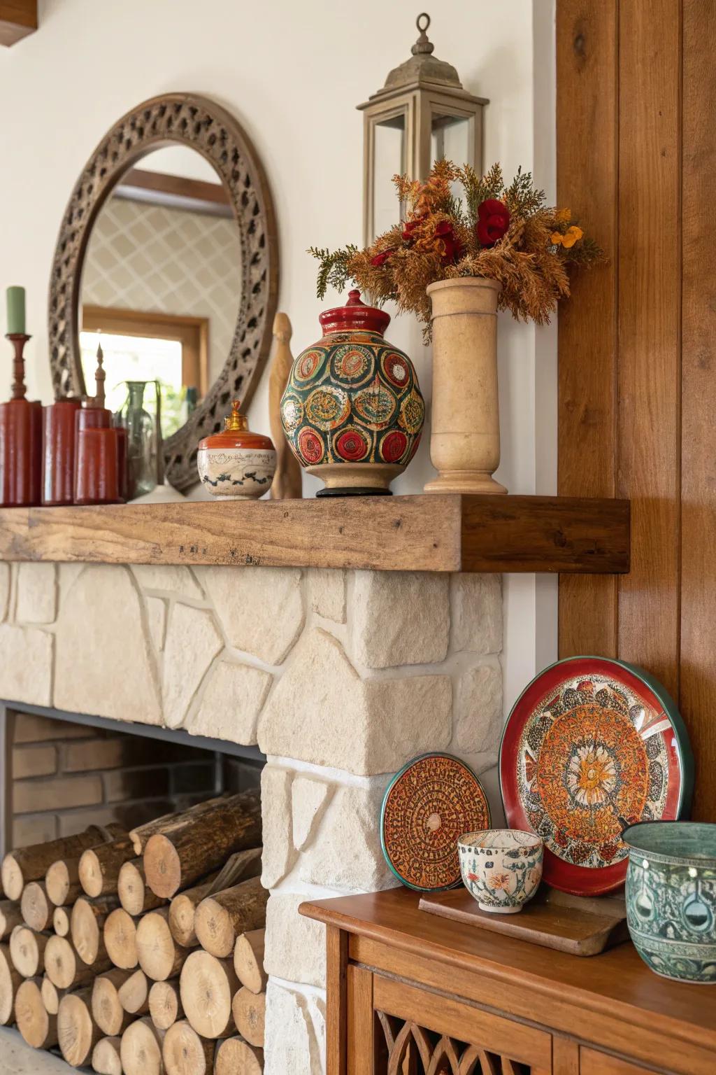 A mantel with a mix of wood, ceramic, and metal decorative items.