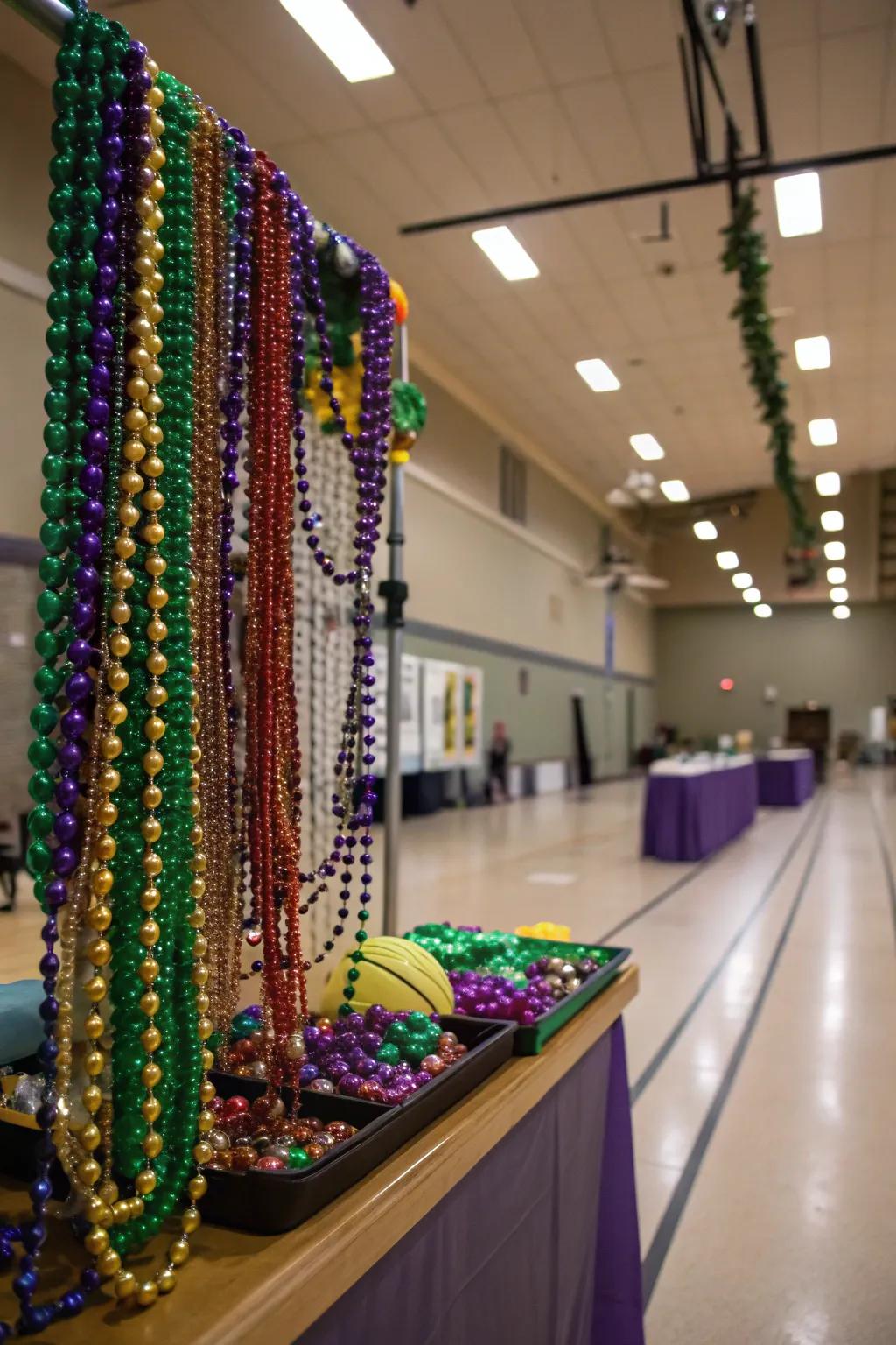 Get everyone in the spirit with a lively Mardi Gras bead station.