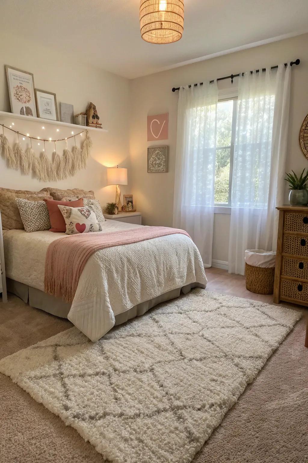 A plush area rug adds warmth and comfort to the bedroom.