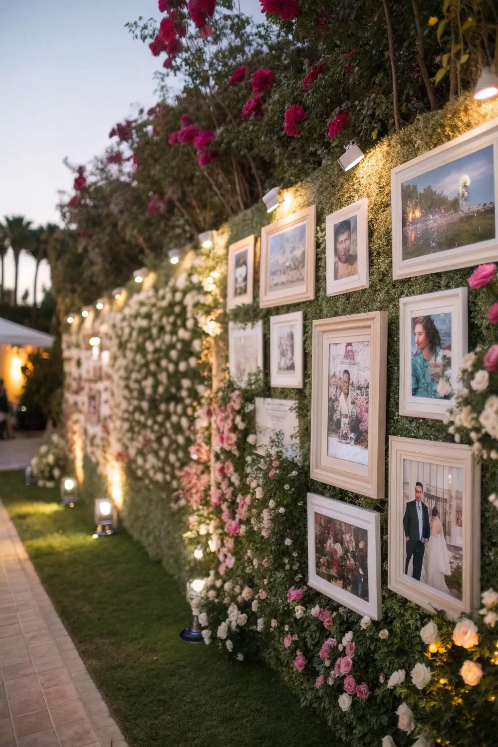 A memory wall with photos and quotes creates a personal touch in the garden.