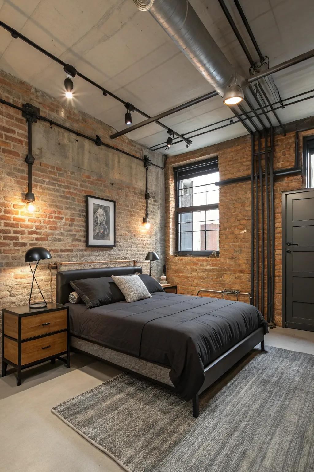 Industrial elements add a modern edge to this stylish bedroom.