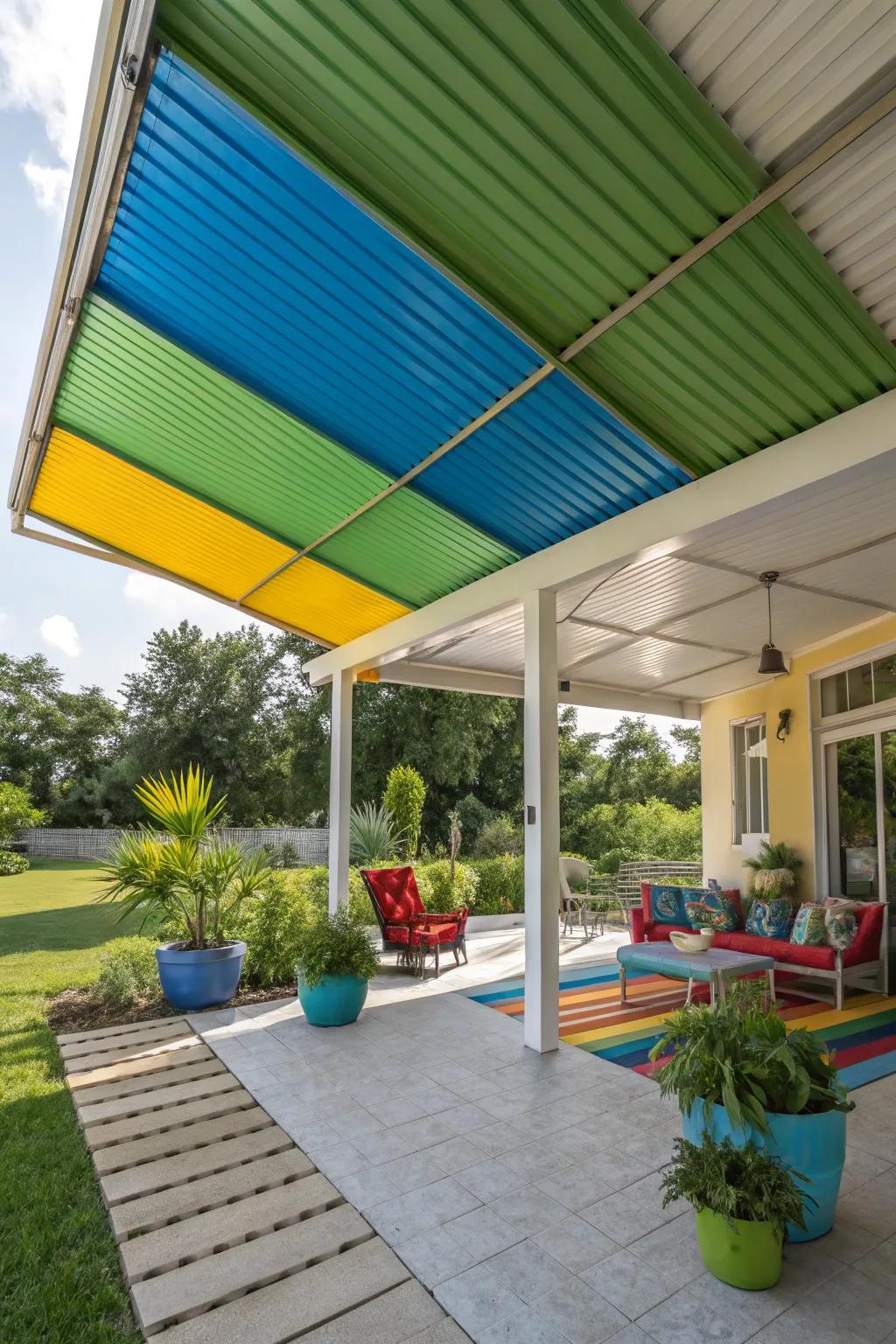 Vibrant colored metal roof accents bring a cheerful and unique vibe to this patio.