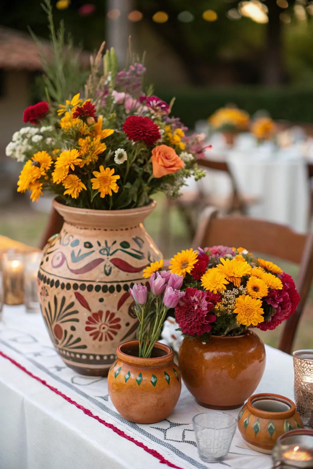 Elegant Jarros de Cantaro centerpieces bringing rustic charm to the tables.