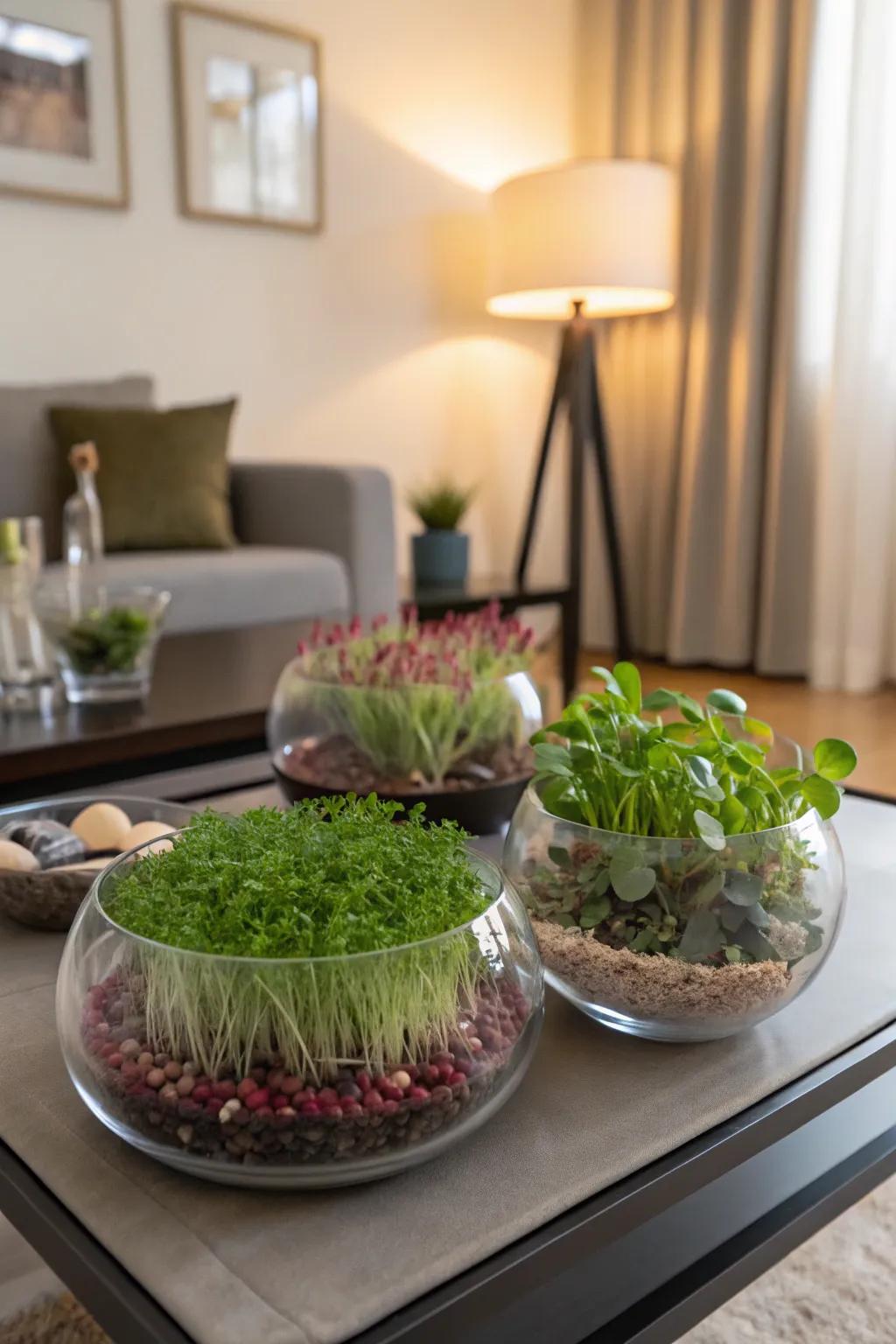 Elegant glass terrariums create a stunning microgreen display.