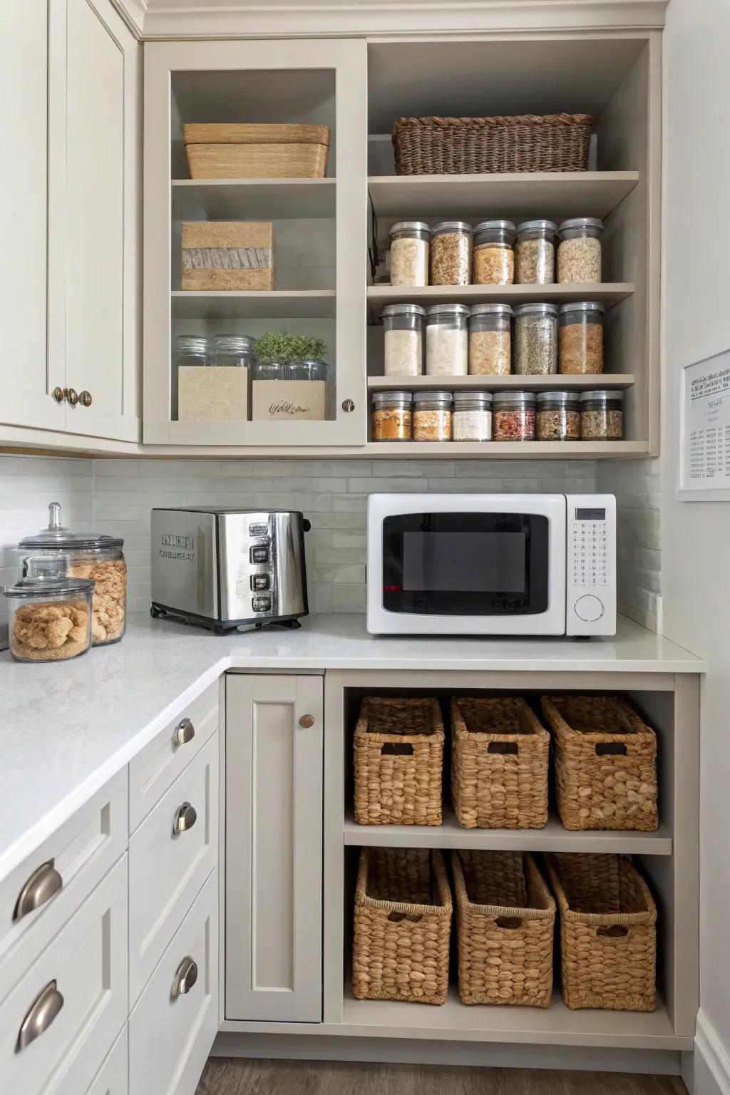 A pantry microwave setup keeps your kitchen looking organized and uncluttered.