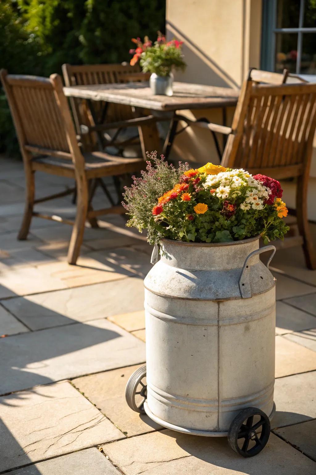 Wheels on a milk can planter add functionality and whimsy.