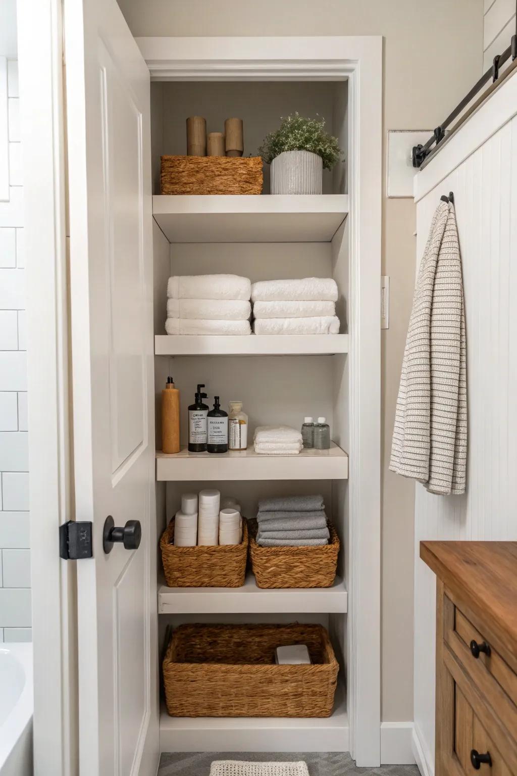 A minimalist bathroom with functional open shelving.