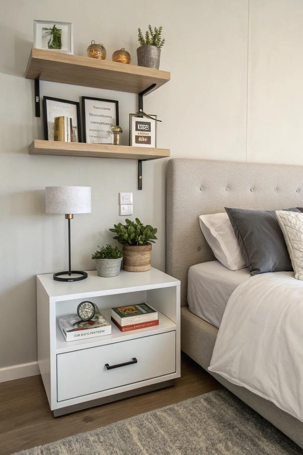 Floating shelves add storage and style above your nightstand.