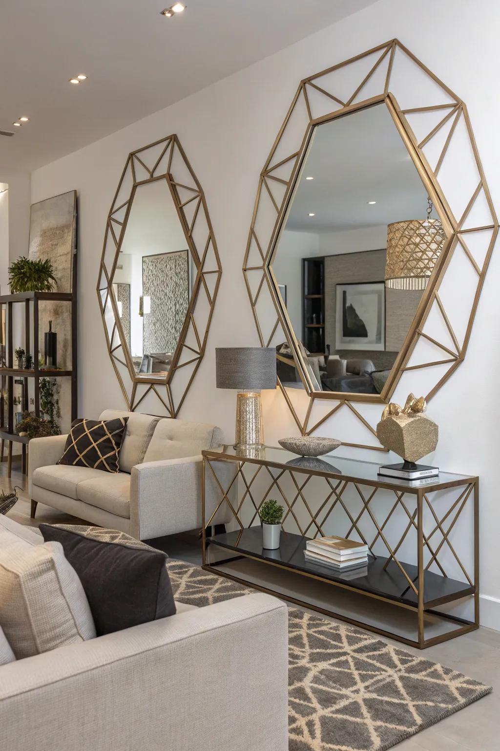 Geometric mirrors offer modern flair.