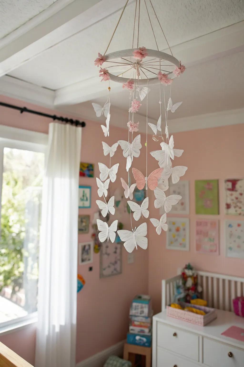 A whimsical paper butterfly mobile perfect for a child's room.