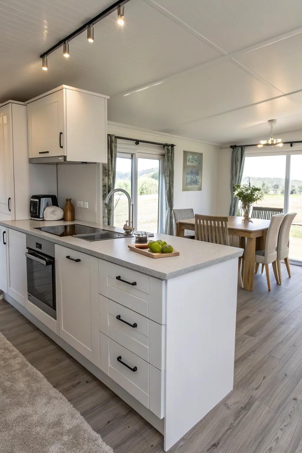 A minimalist island creates a sleek and contemporary kitchen vibe.