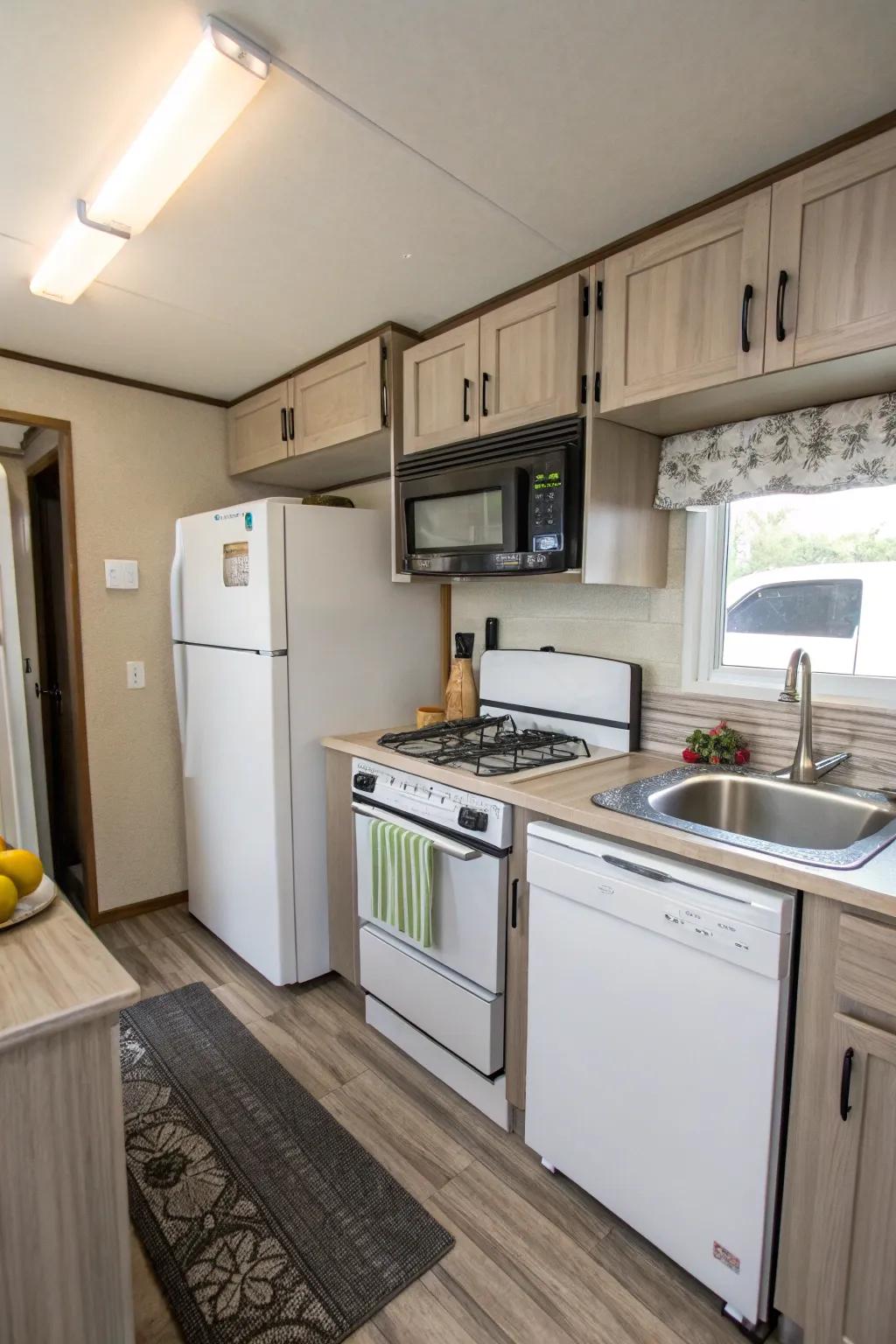 A mobile home kitchen featuring compact and efficient appliances.