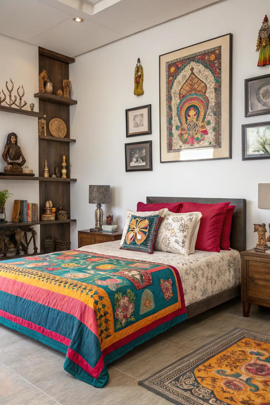 Cultural elements add uniqueness and personal connection to the bedroom.