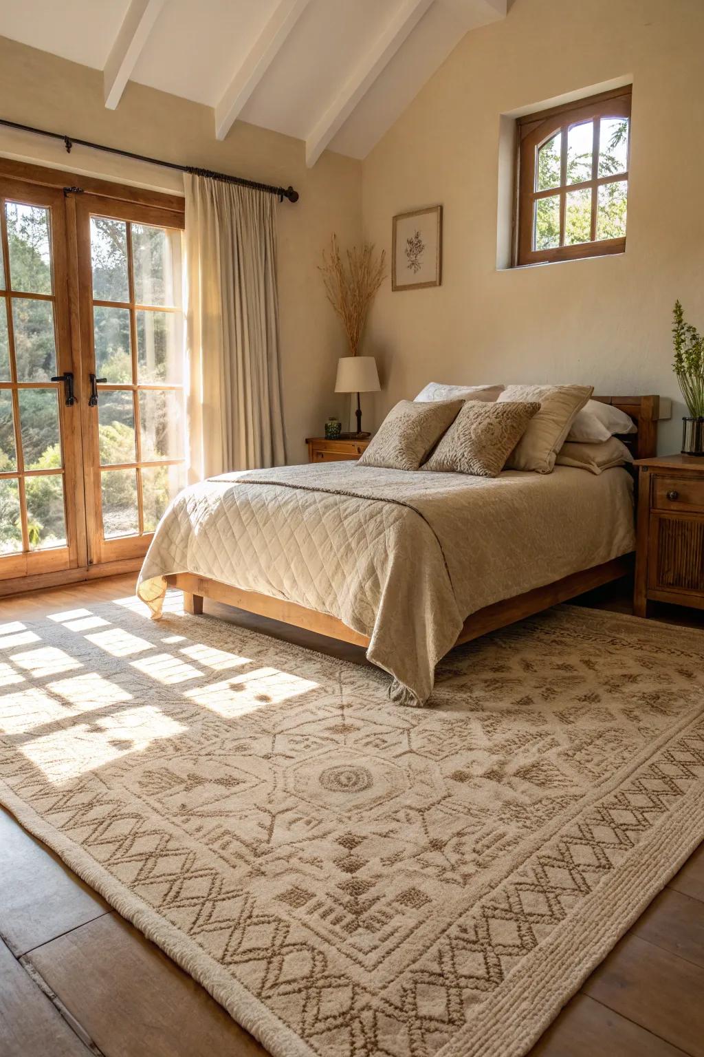 A beige rug adds warmth and anchors the bedroom.