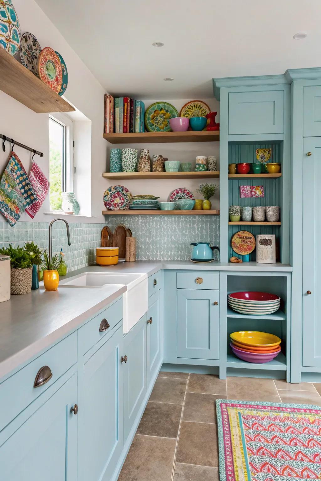 Pastel blue cabinets bring a playful and lighthearted vibe to this kitchen.