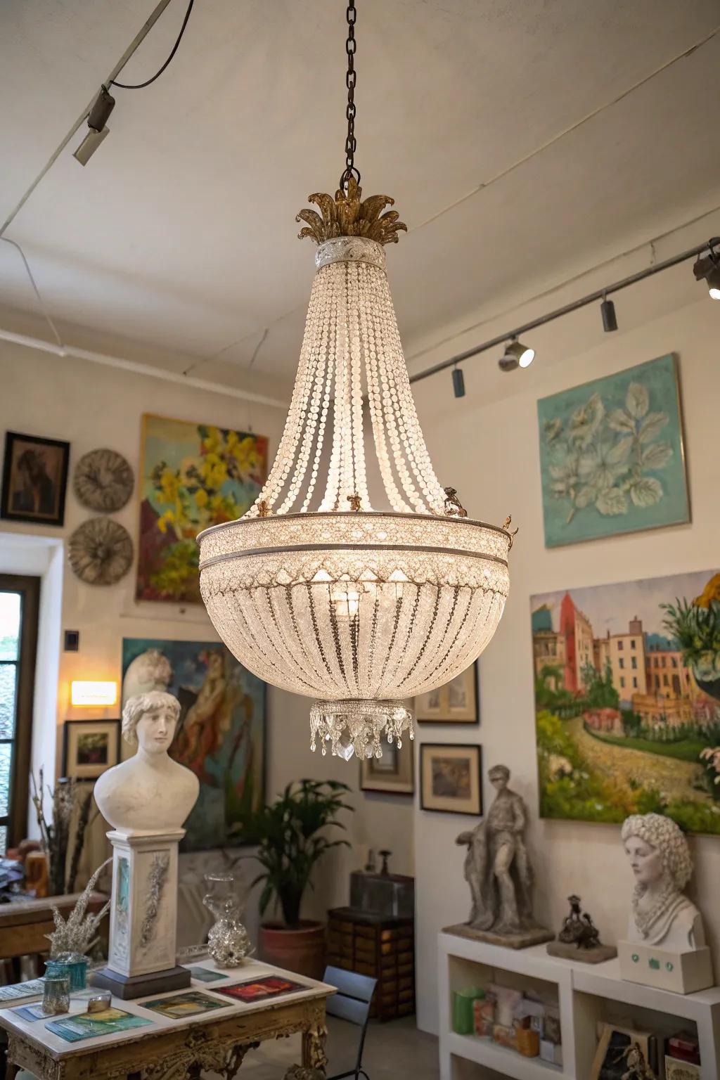 Sculptural chandeliers serve as creative focal points.