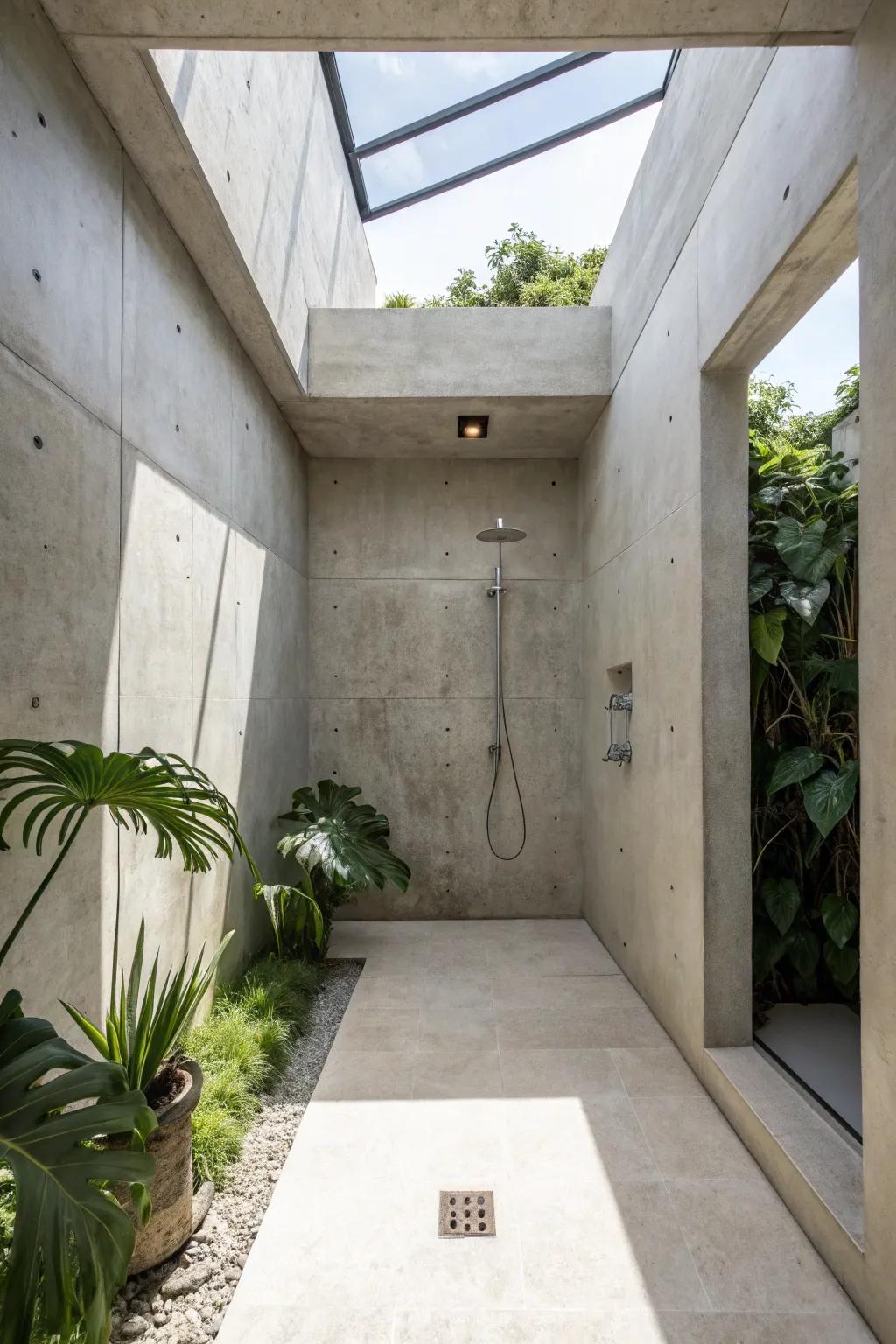 A concrete shower basking in natural light from a skylight.