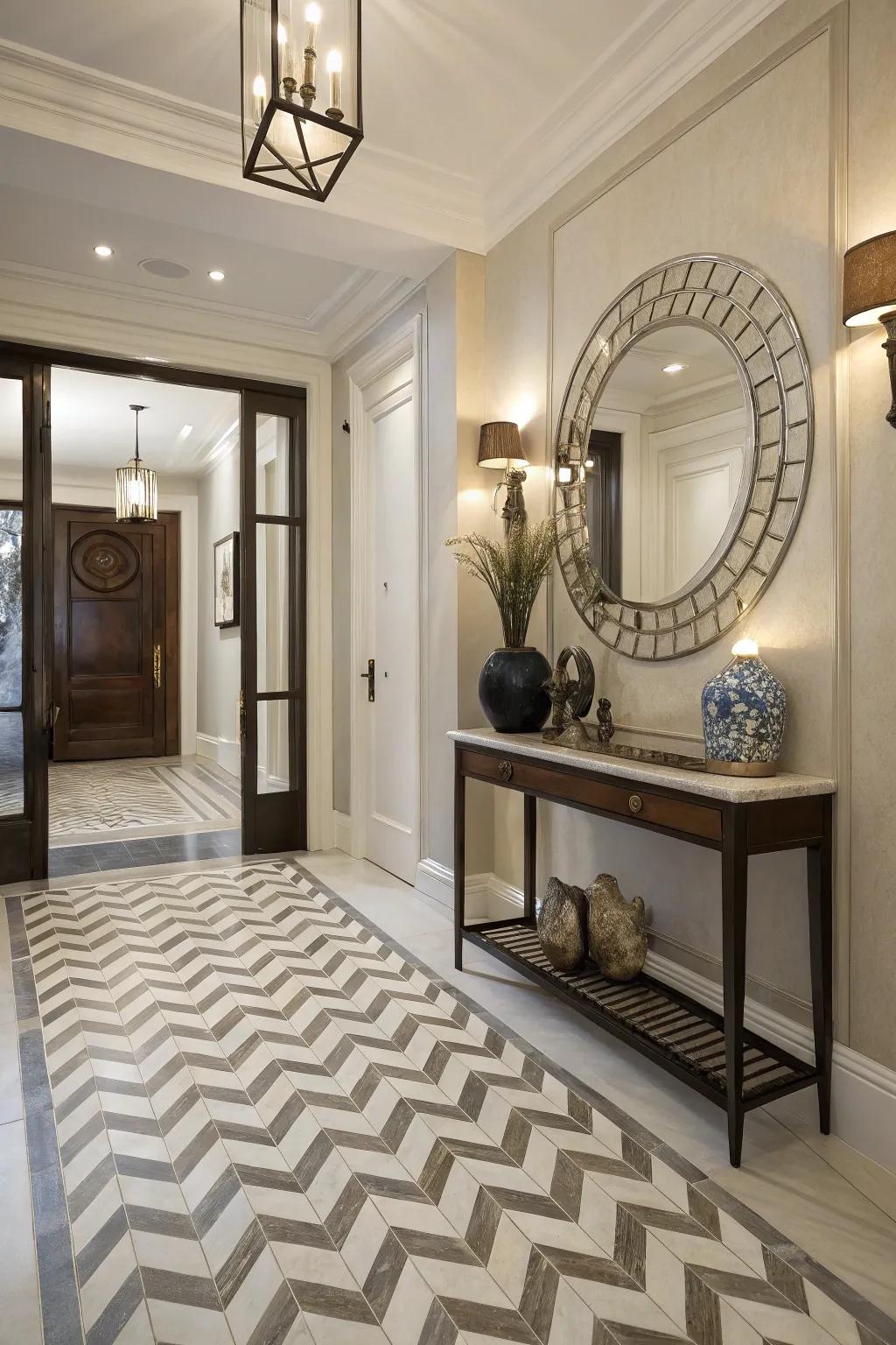 Chevron tiles add a chic and stylish touch to this entryway.