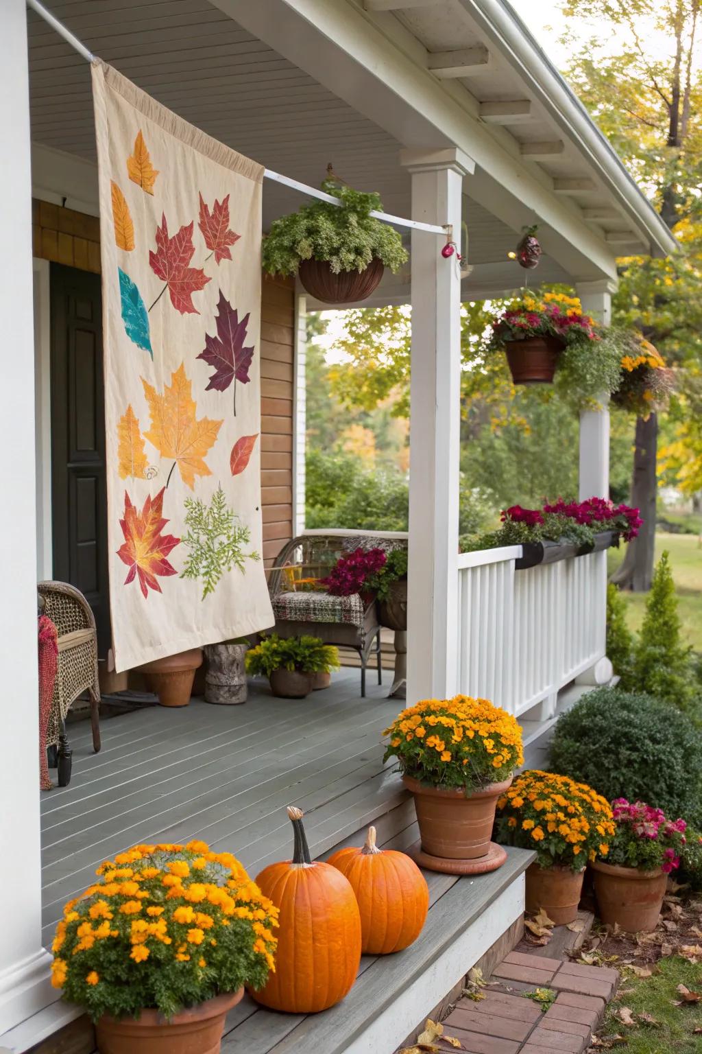 A seasonal banner adds a festive touch to porch decor.