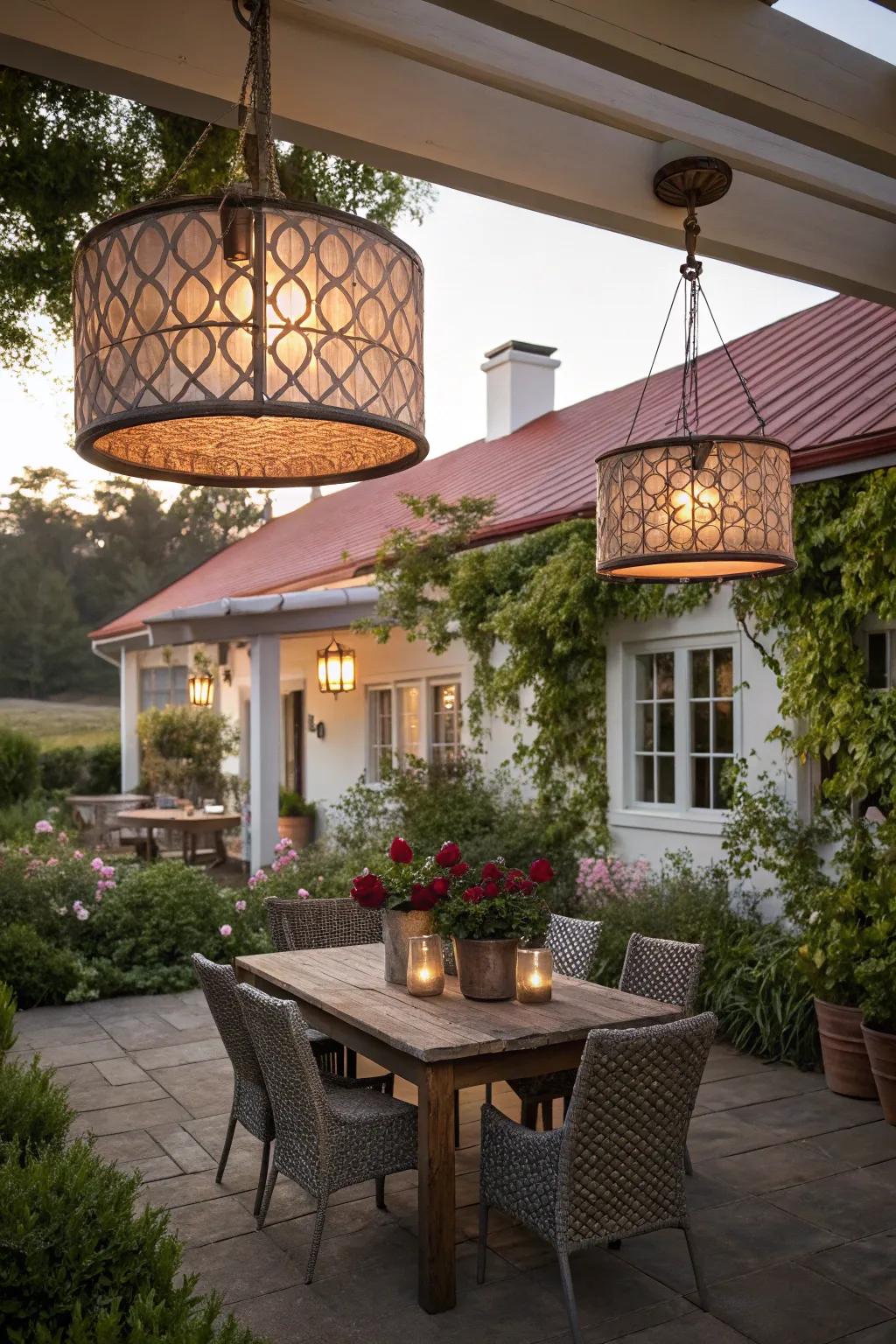 Textured drum pendants add depth and style to this farmhouse patio.