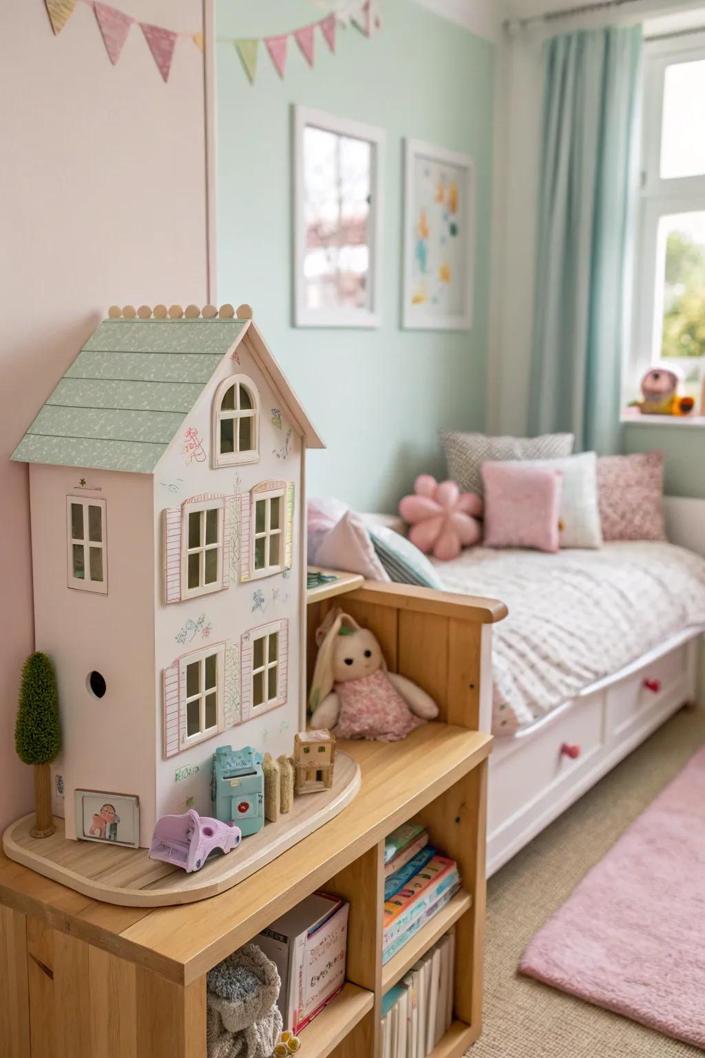 A charming wooden dollhouse adding playful decor to the room.