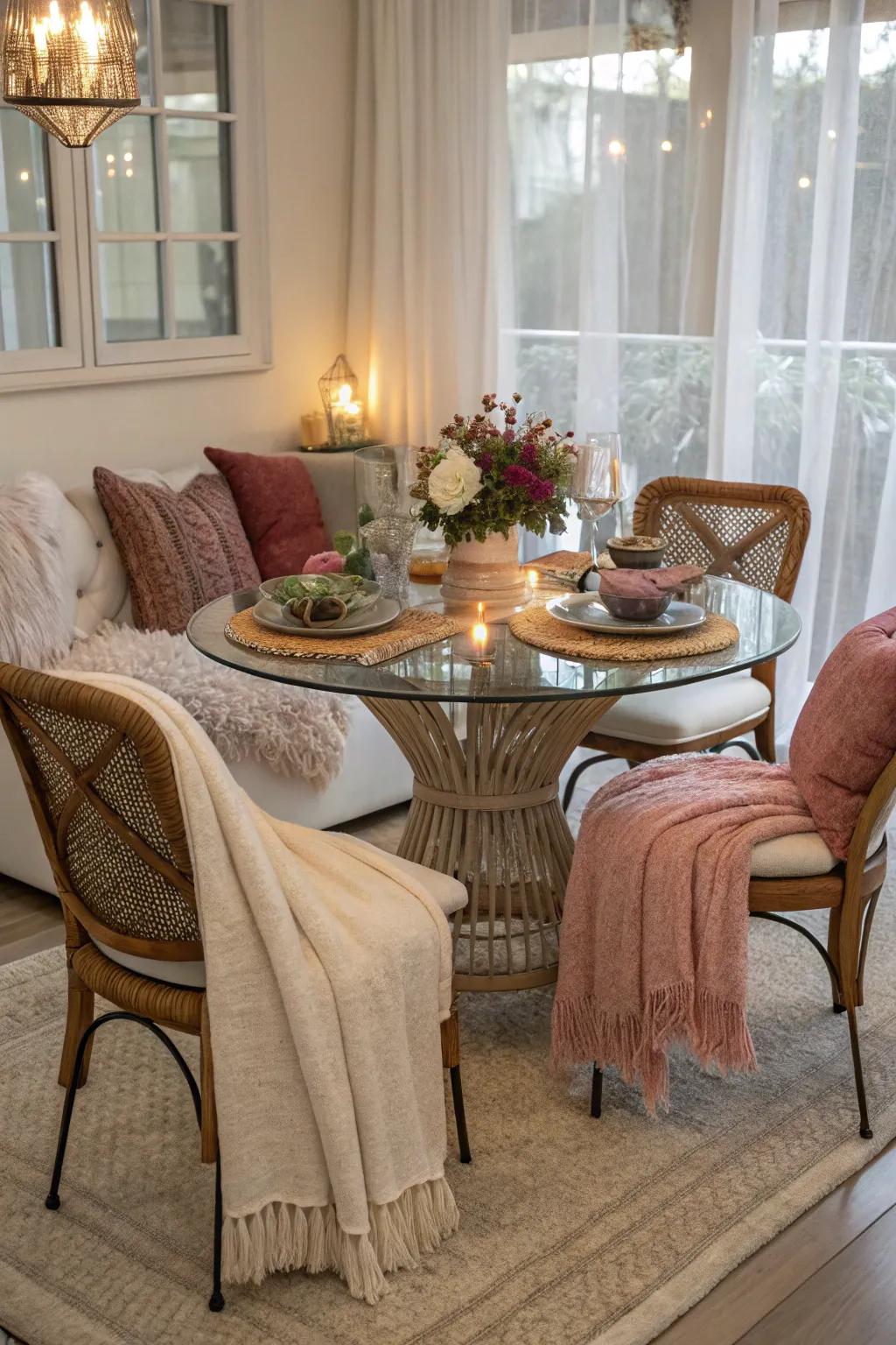 Cushions and throws transform a glass dining table area into a cozy corner.