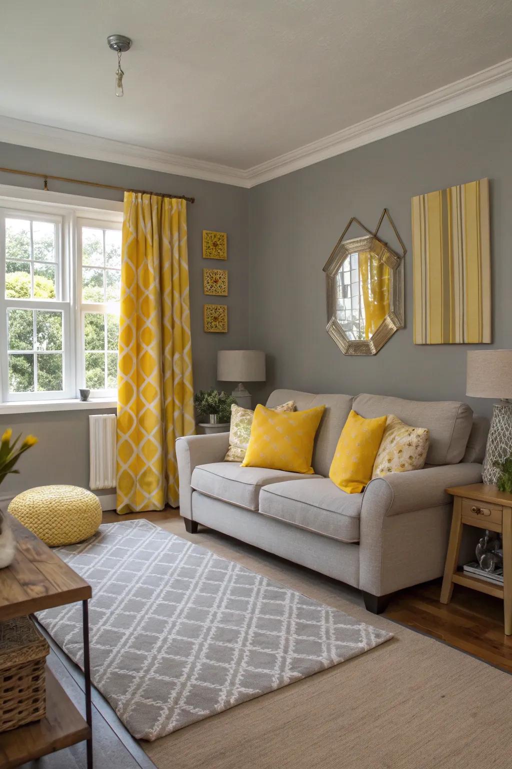 Yellow accents bring a bold energy to a gray living room.