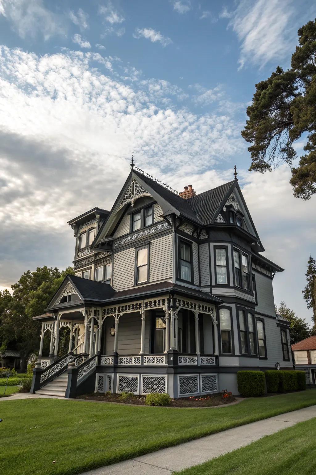 A Victorian house with a grey exterior, using black trim to highlight its detailed architecture.