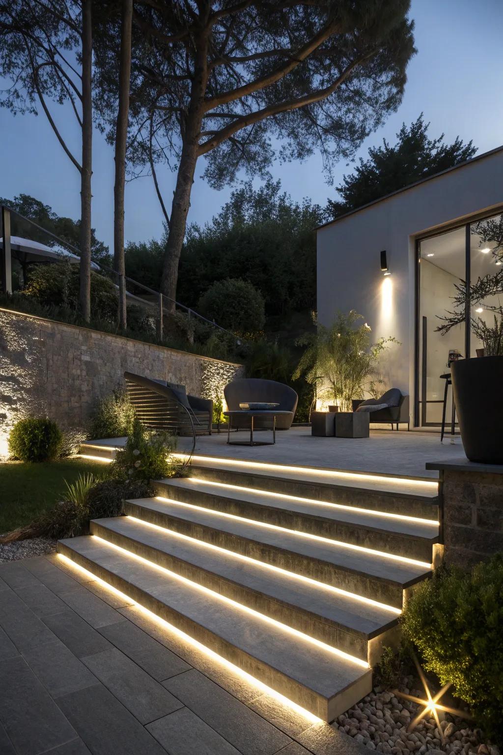 Strip lighting offering a sleek and modern lighting solution for outdoor steps.