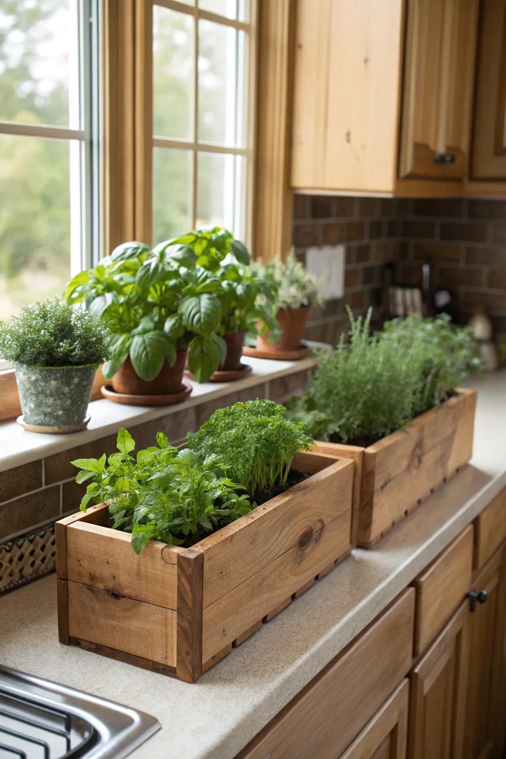 Wooden box planters combine rustic charm with functionality.