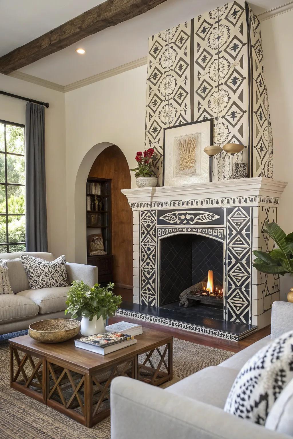 Geometric patterns on a plaster fireplace add a modern artistic touch.