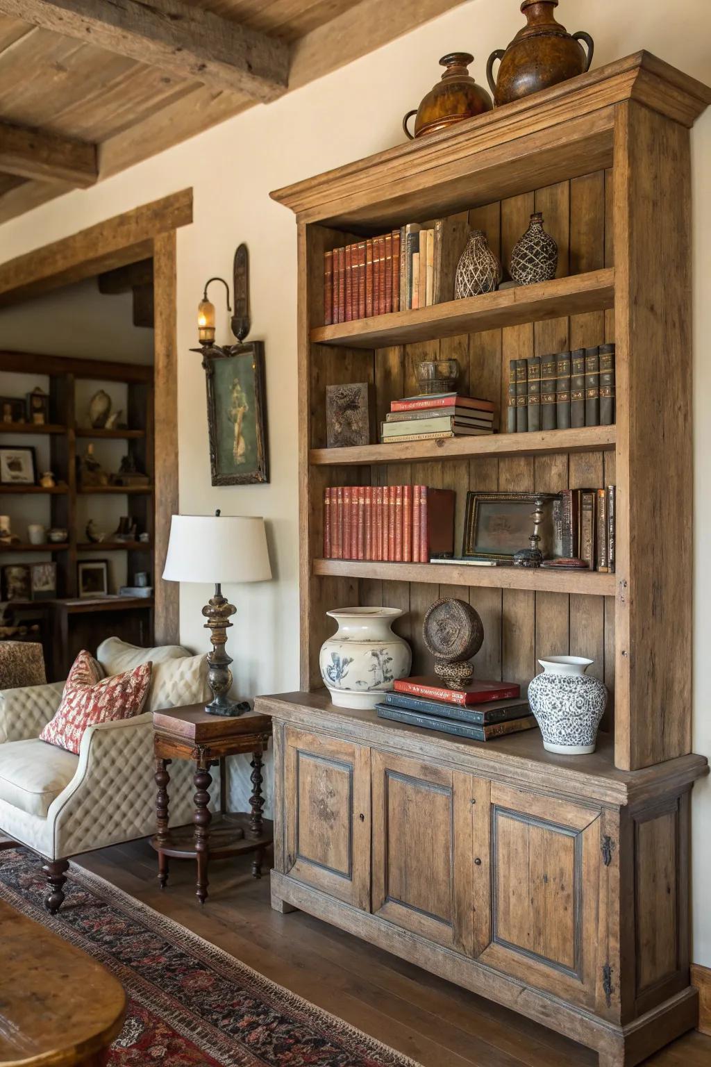 Rustic wood shelves bring warmth and character.