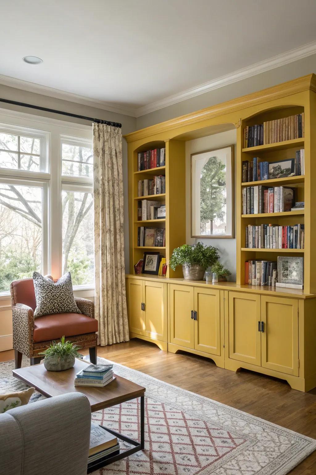 Yellow bookcases add a stylish and uplifting focal point to the living room.