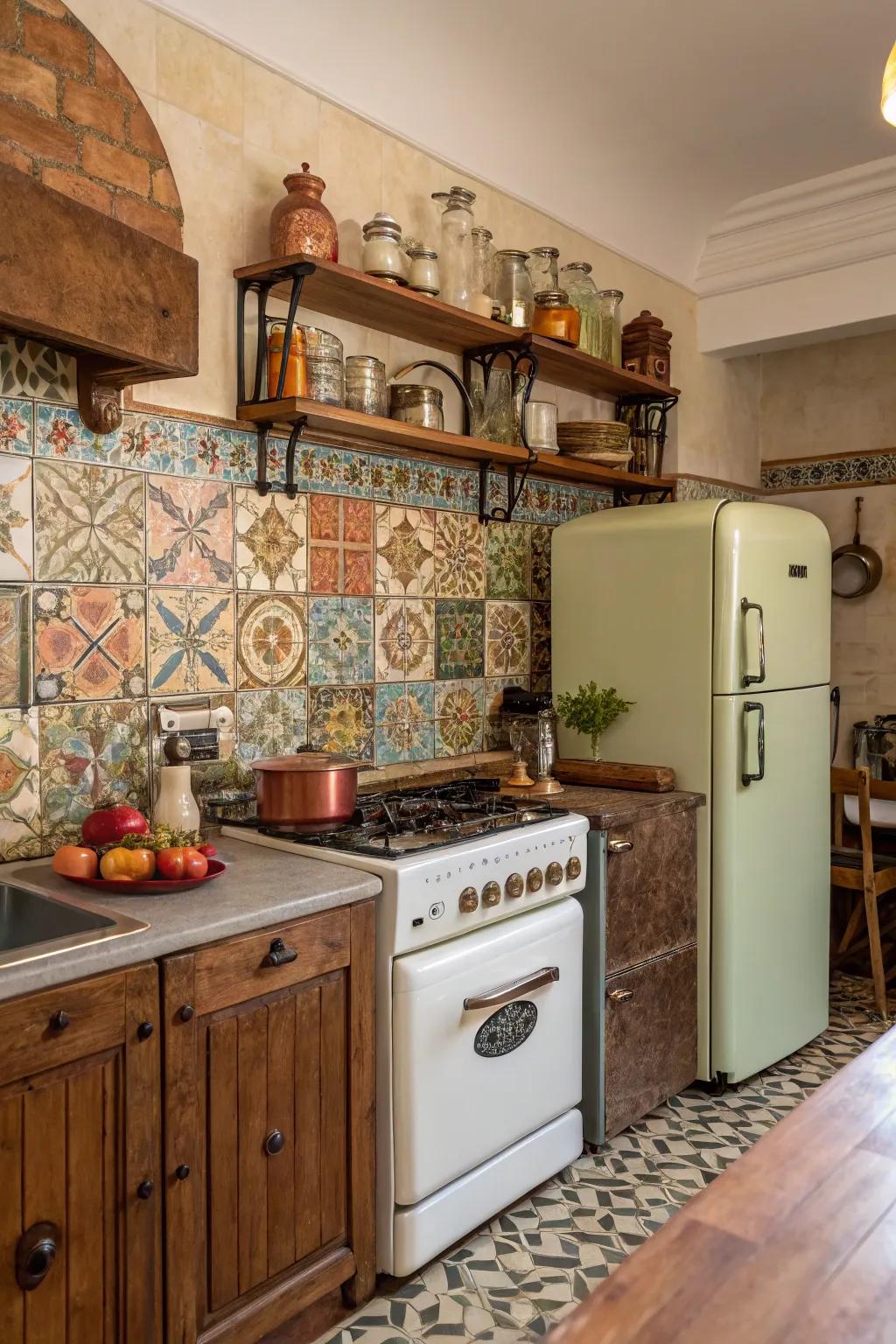 Vintage mosaic patterns add charming nostalgia to kitchens.