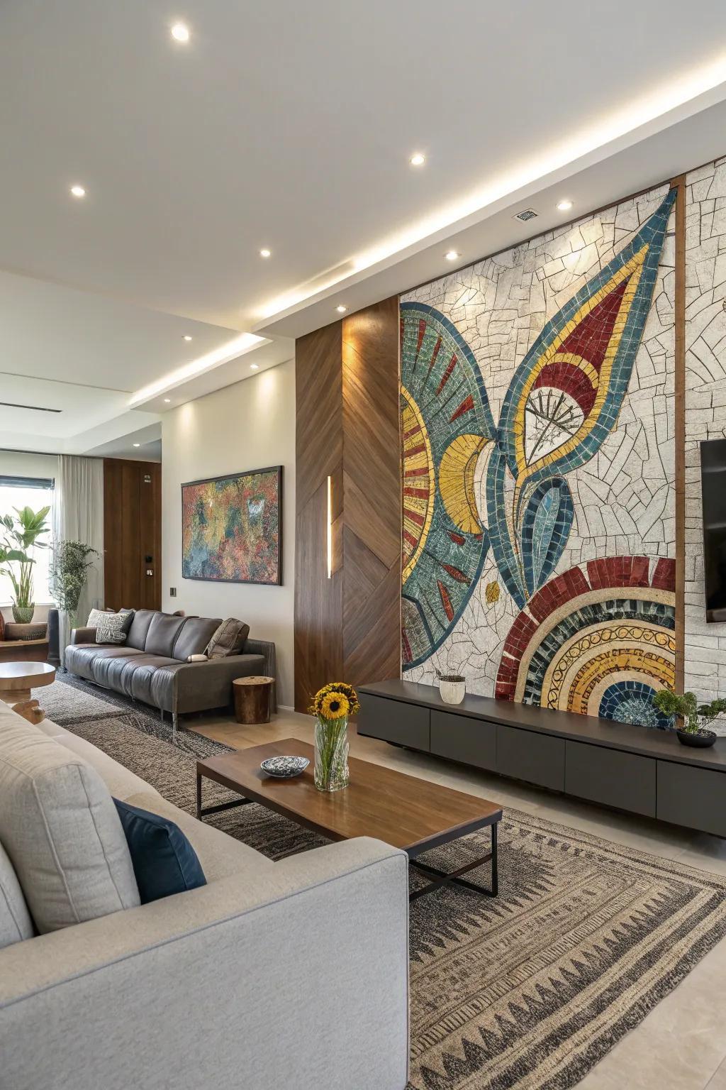 Mosaic-inspired wall art adds creativity and vibrancy.