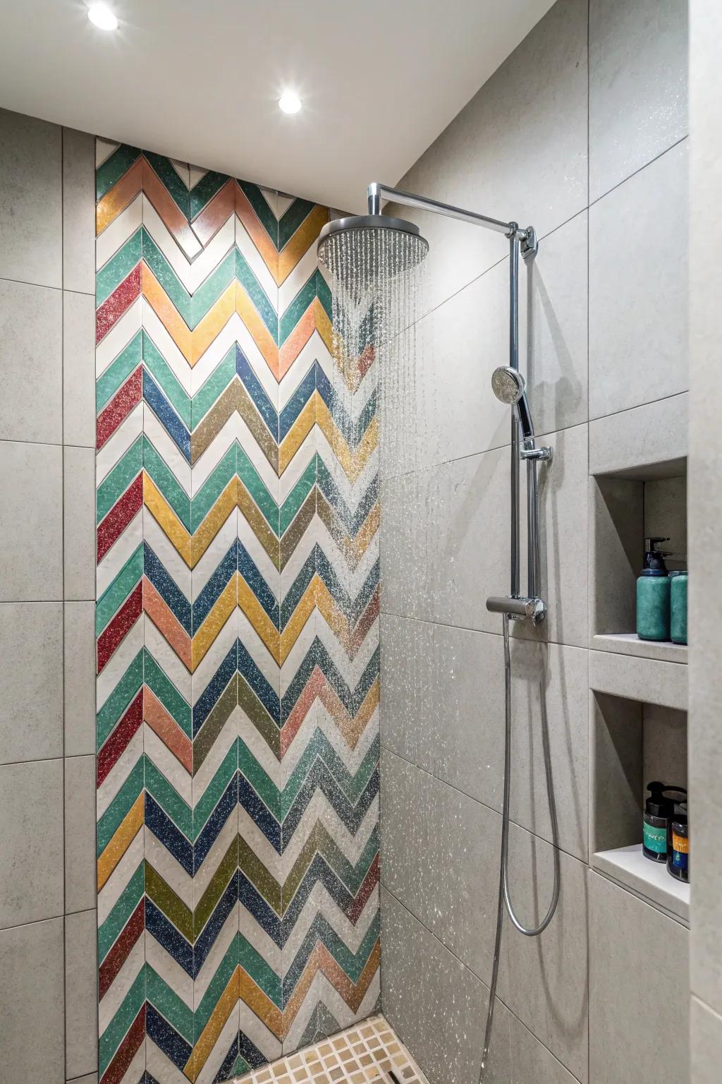 Chevron mosaics bring a chic and dynamic look to this shower.