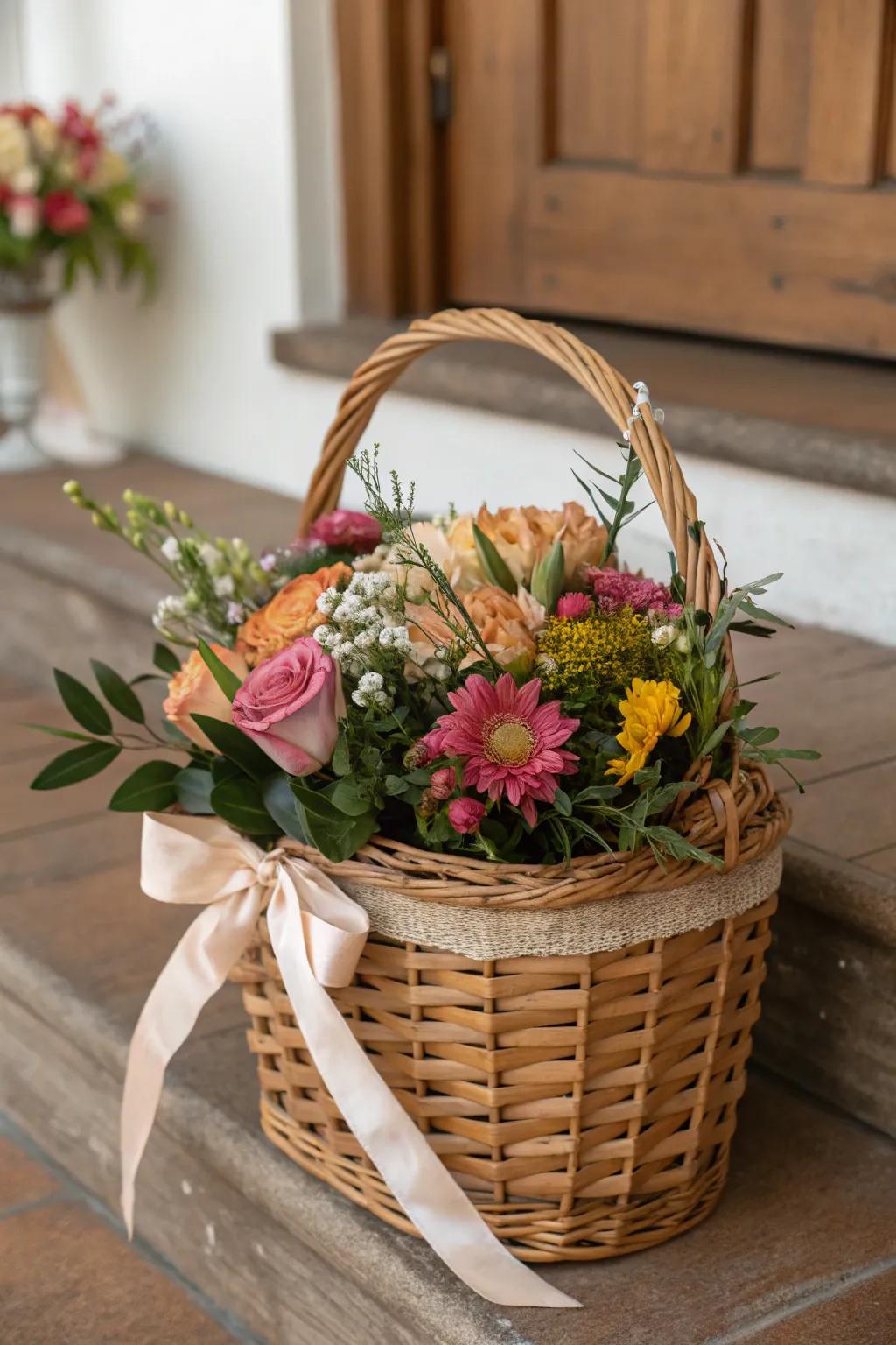 A rustic basket of blooms creates a charming and inviting Mother's Day centerpiece.