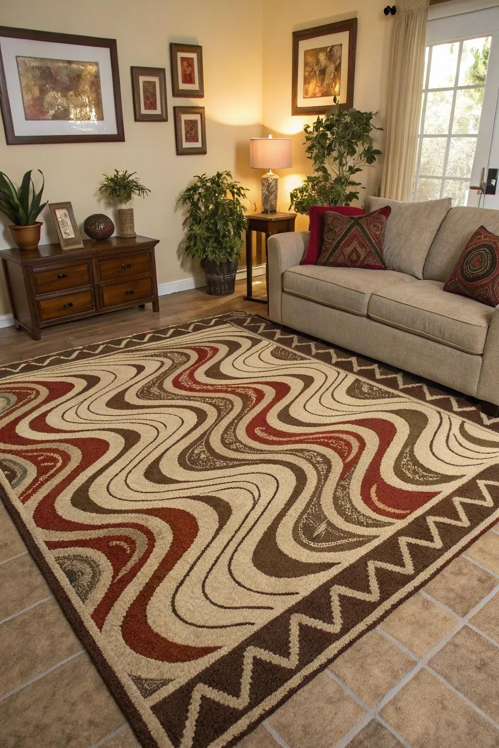 Patterned rugs with motion designs bring dynamic energy to floors.