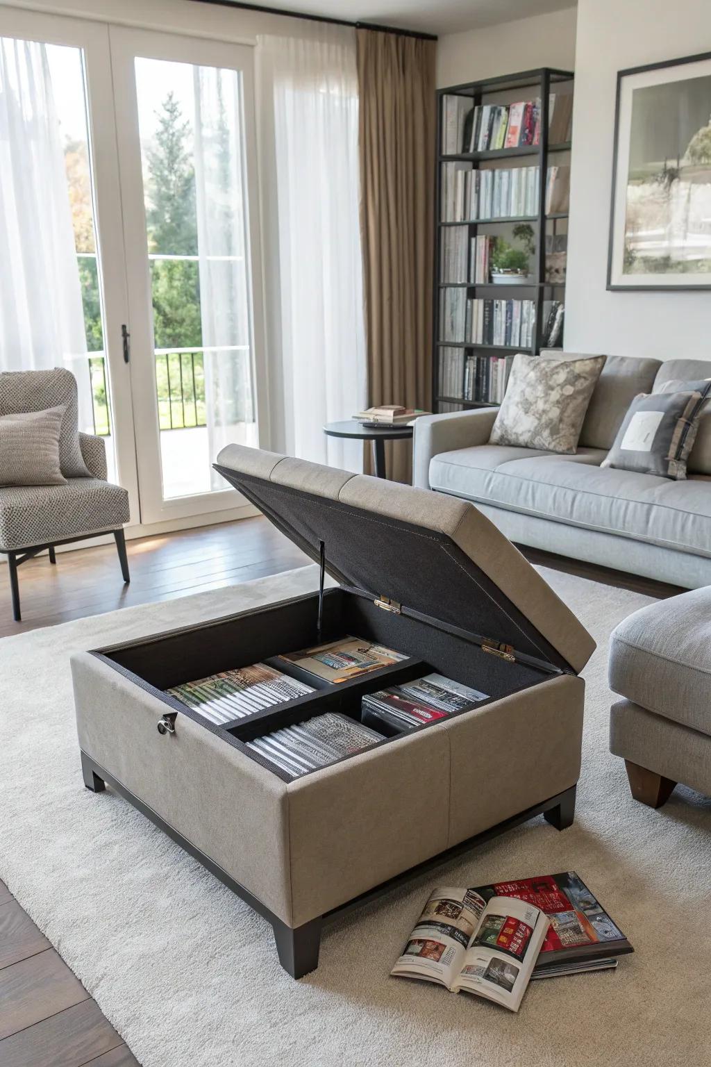 A stylish ottoman with hidden storage, ideal for concealing DVDs.