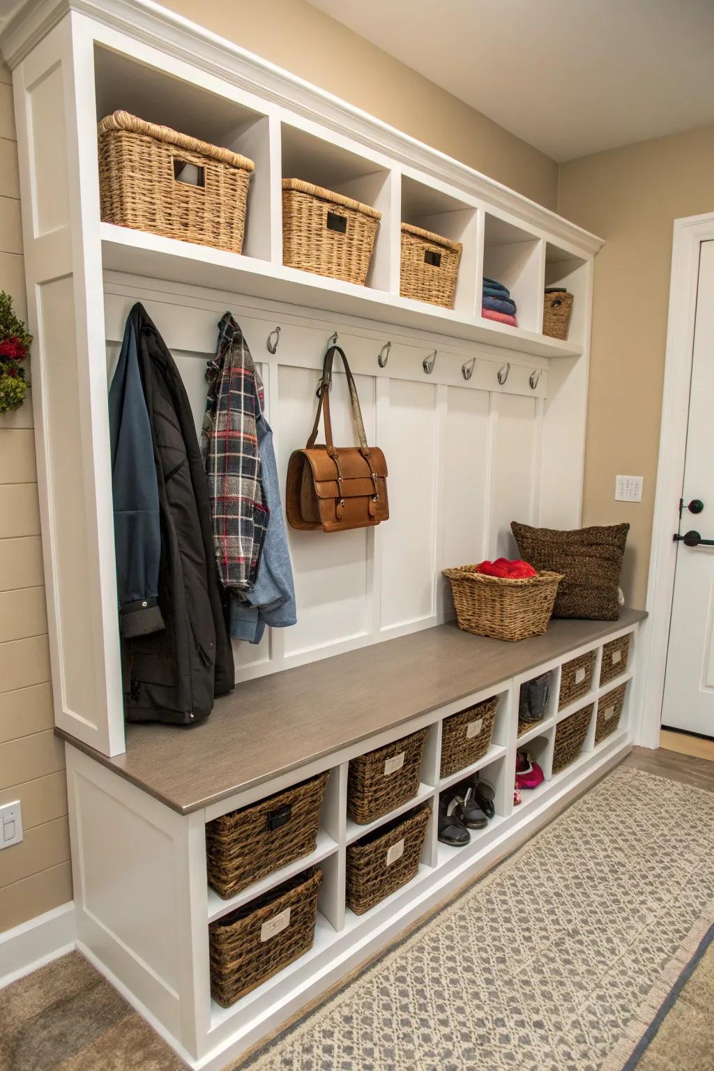 Mixed storage solutions keep mudrooms tidy and functional.