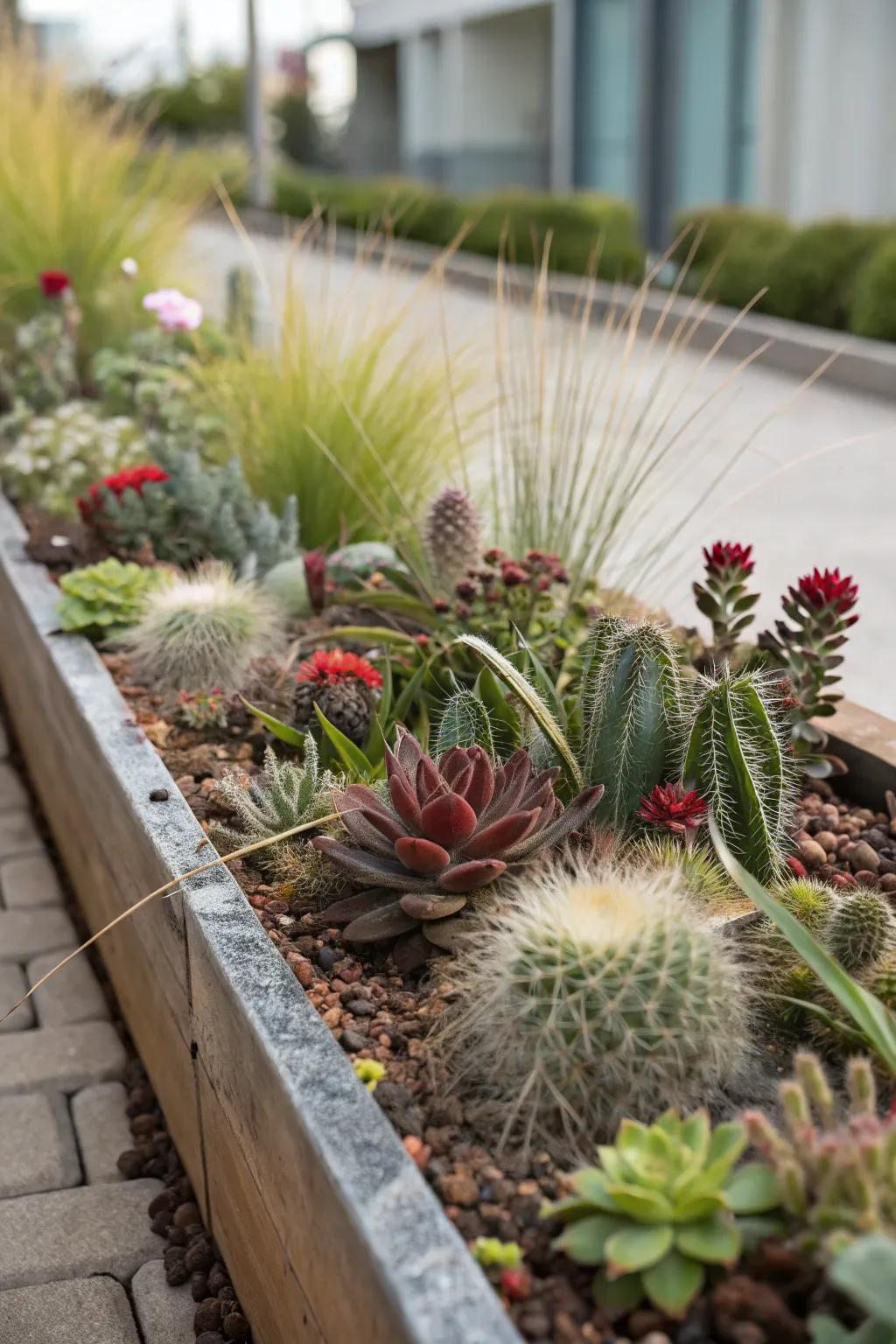 Varied plant textures create visual interest in narrow flower beds.