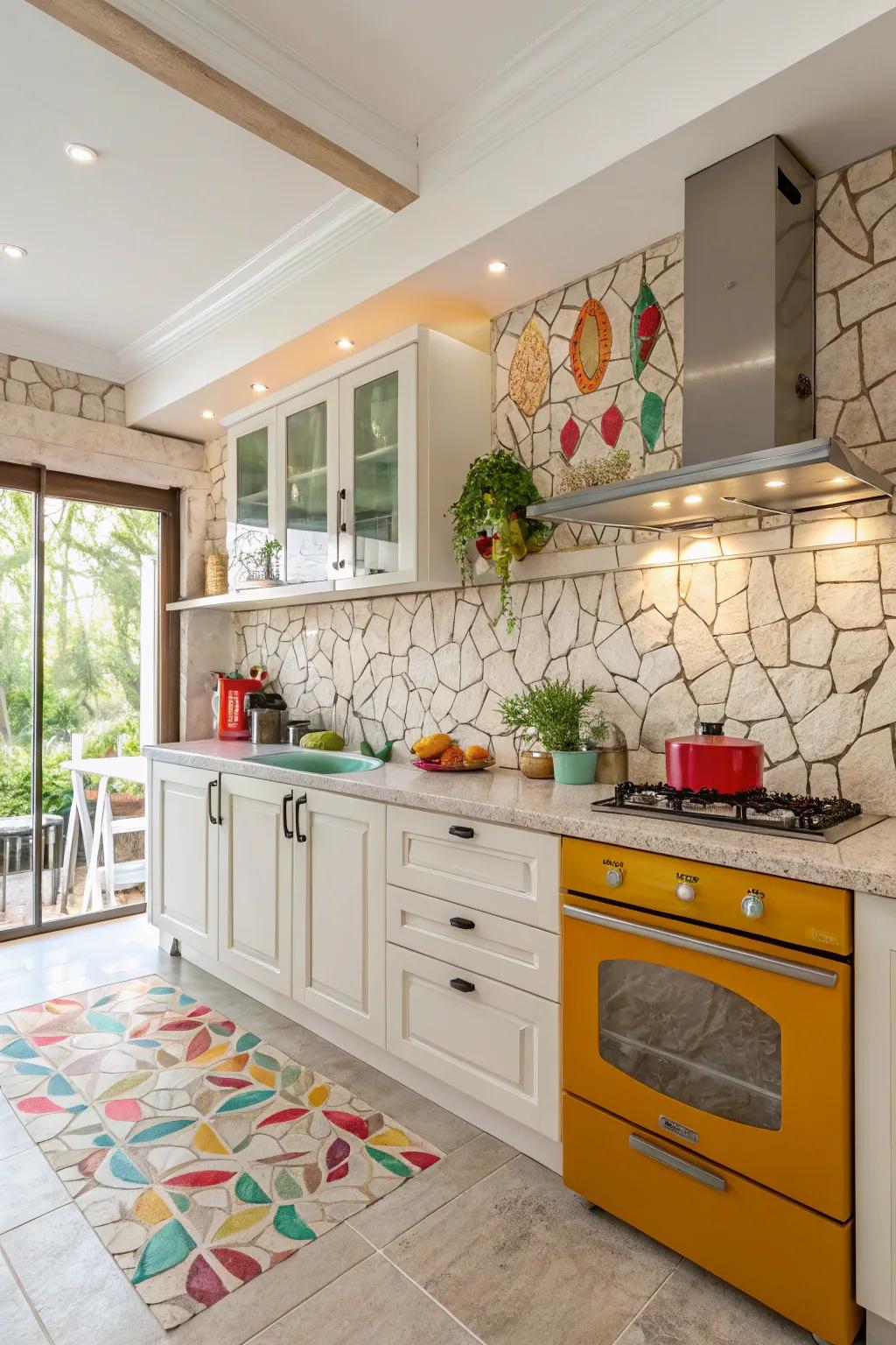 Bright kitchen with a ceramic stone look tile backsplash.