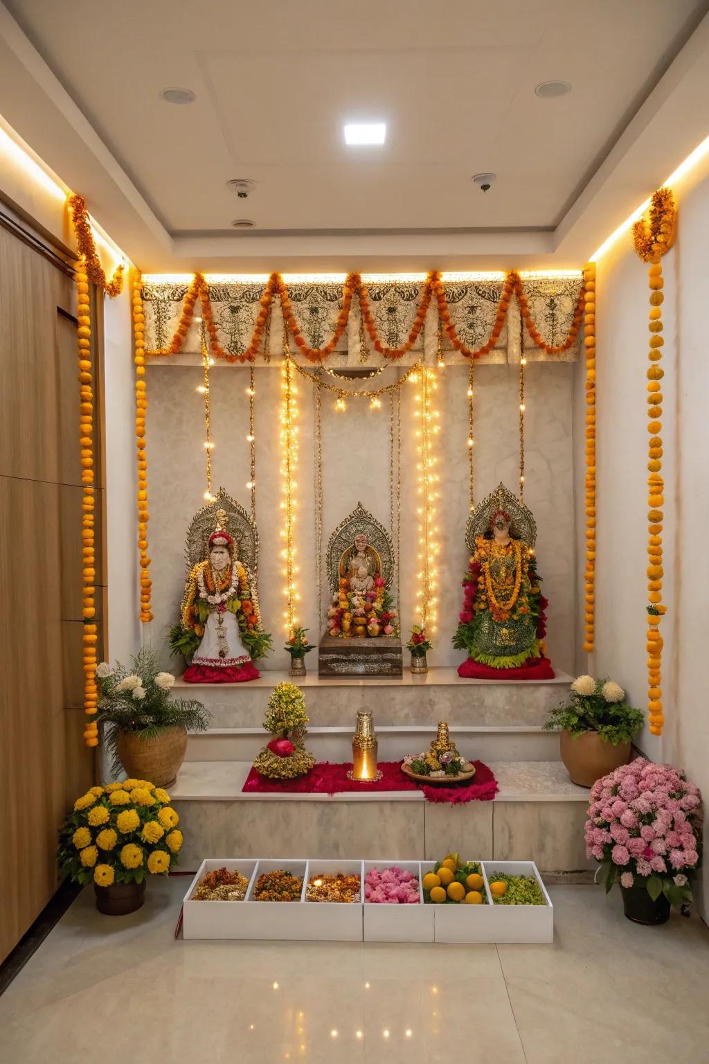 A Pooja room with ornamental idols elegantly displayed for Navratri.