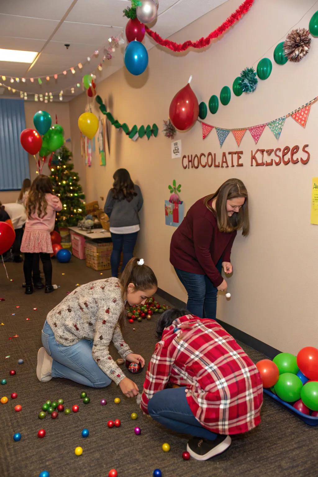 Guests on the hunt for hidden chocolate kisses in a delightful game.