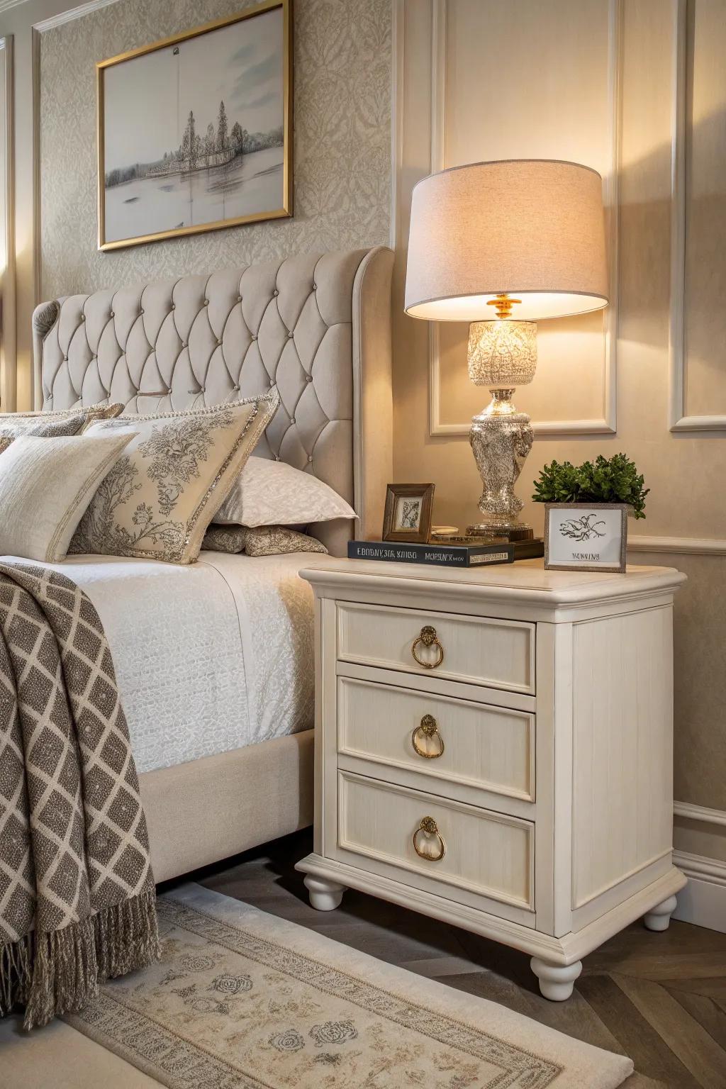 A classic two-drawer nightstand in a timelessly decorated bedroom.